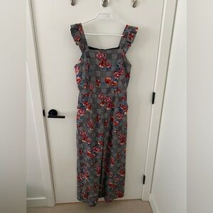 Monteau Gray Plaid Jumpsuit with Red Floral Pattern